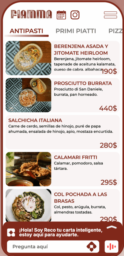 Carta digital del restaurante Fiamma - abril 2025
